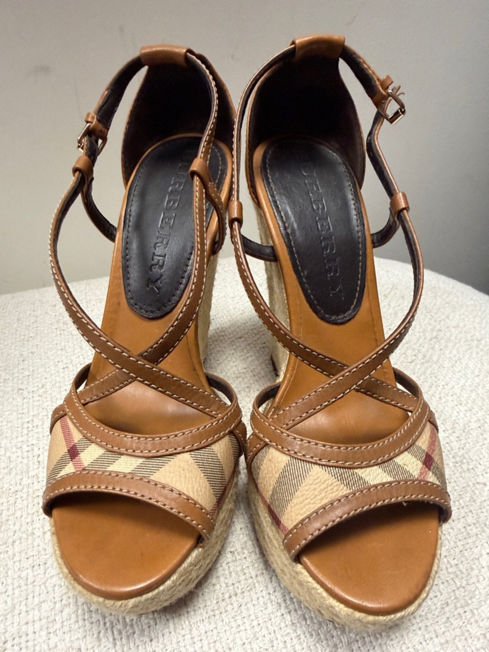 Burberry Brown Leather & Signature Check Wedge Sandals